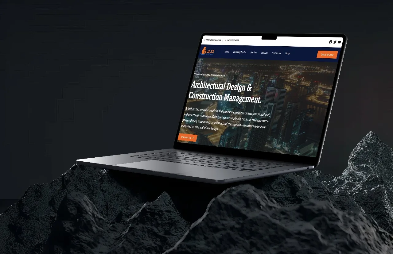 Jazz Art Inc website mockup — architectural design and construction management company with city skyline hero